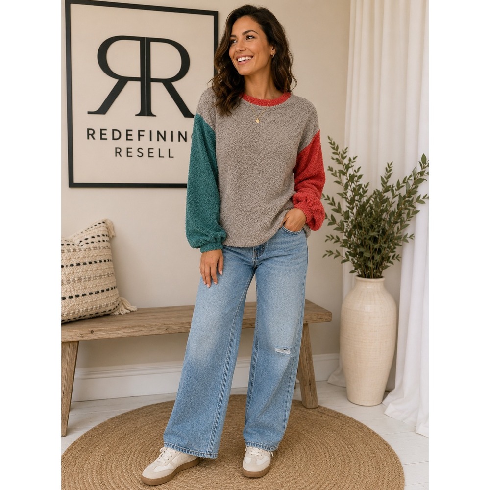 BIBI Womens Colorblock Fuzzy Popcorn Knit Sweater Grey Teal Rust Size M BT1501